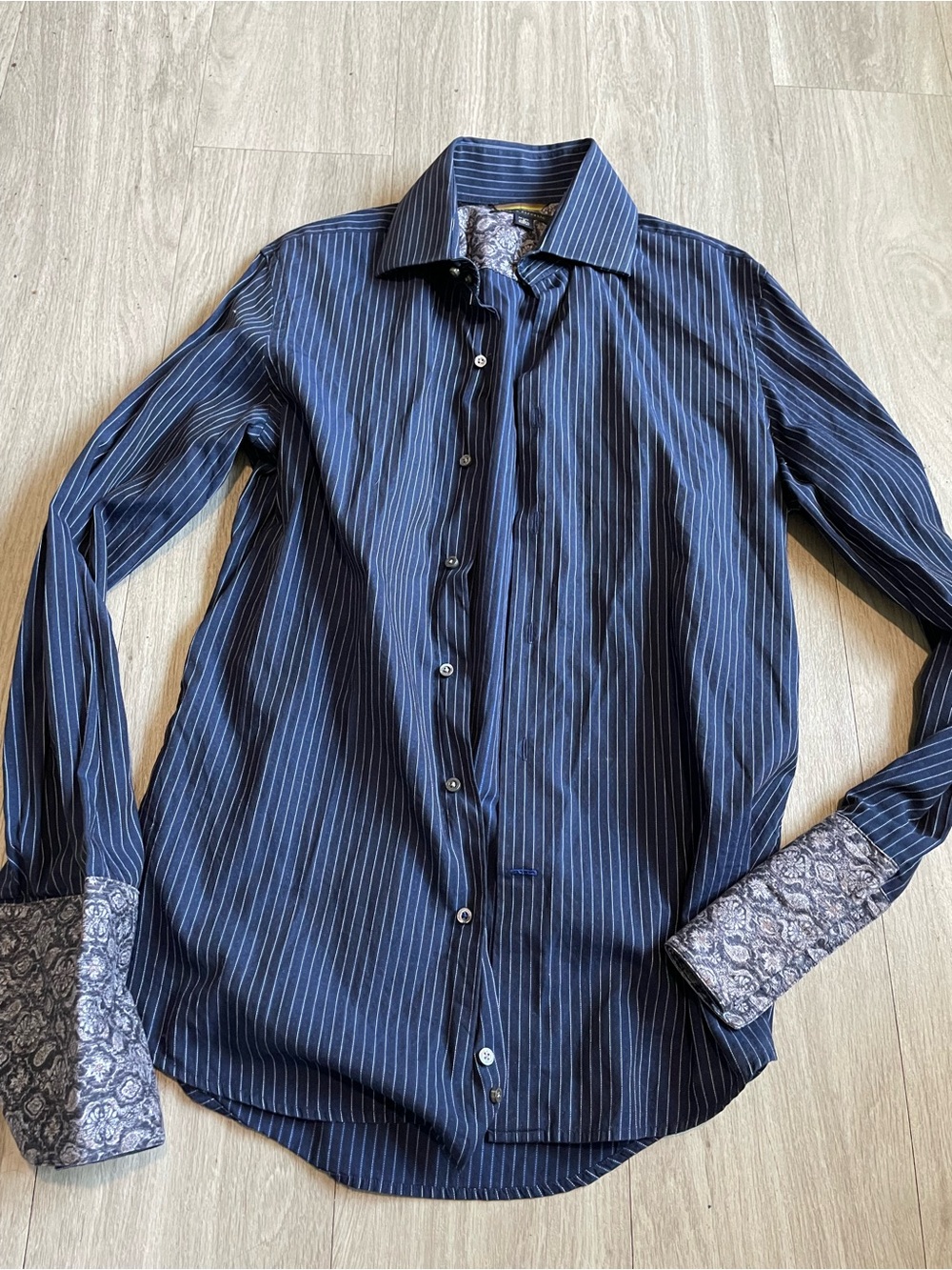 Banana Republic Navy Pinstripe Dress Shirt with Patterned Contrast Cuffs